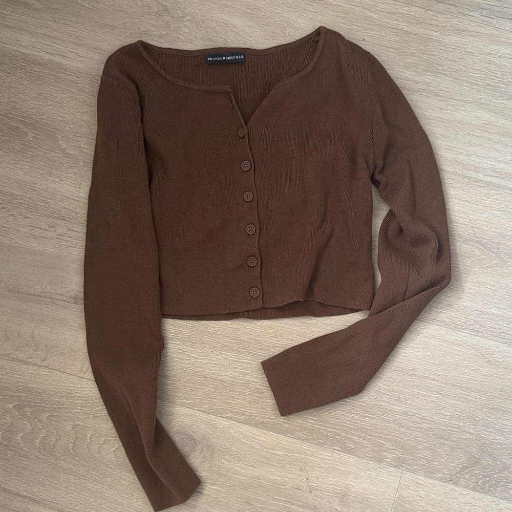 Brandy Melville Brown Button-Front Ribbed Crop Top